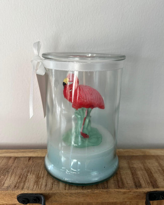 Kleines Windlicht mit Flamingo Kerze